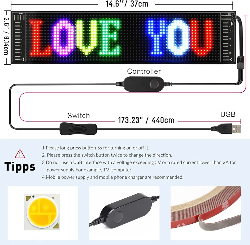 Cata CT-4568 Esnek LED Matrix Panel - Mobil Uygulama Destekli Kayan Yazı Tabela (5V Bluetooth)