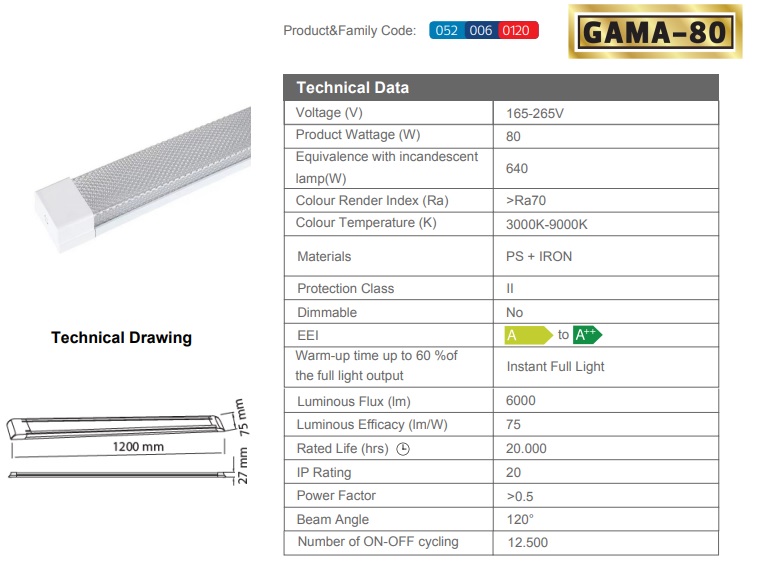 HOROZ GAMA-80 80W LED BANT ARMATÜR 7000K 6000LM 052-006-0080