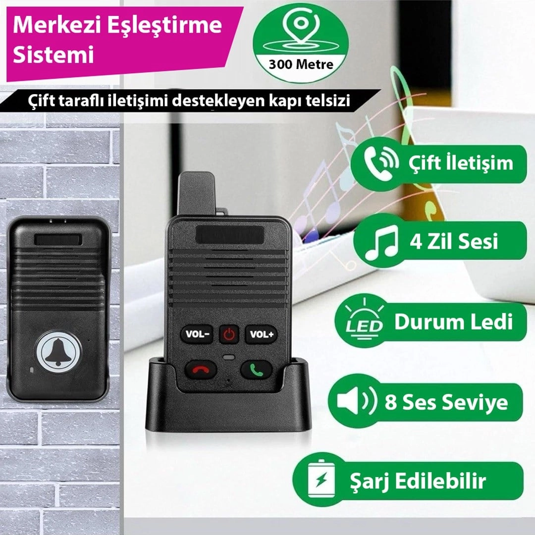 KABLOSUZ ZİLLİ KONUŞMALI DİAFON SETİ ŞARJLI KAPALI DEVRE TELSİZ MONTAJ APARATLI