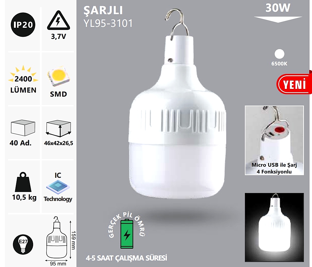 ﻿NOAS%20YL95-3101%2030%20WATT%20TAŞINABİLİR%20ŞARJLI%20LED%20TORCH%20BEYAZ%206500K 