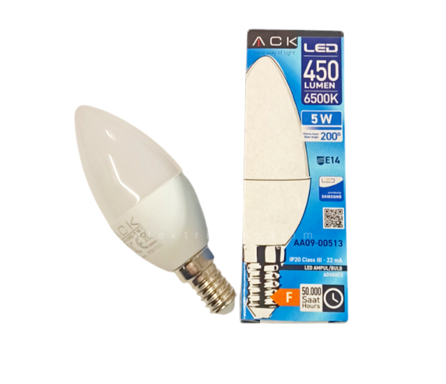 ACK 5W BUJİ LED AMPUL SAMSUNG LED BEYAZ 6500K E14 İNCE DUYLU MUM AMPUL