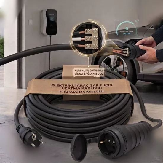 20 METRE ELEKTRİKLİ ARAÇ ŞARJI İÇİN UZATMA KABLOSU PRİZ UZATMA KABLOSU SİYAH