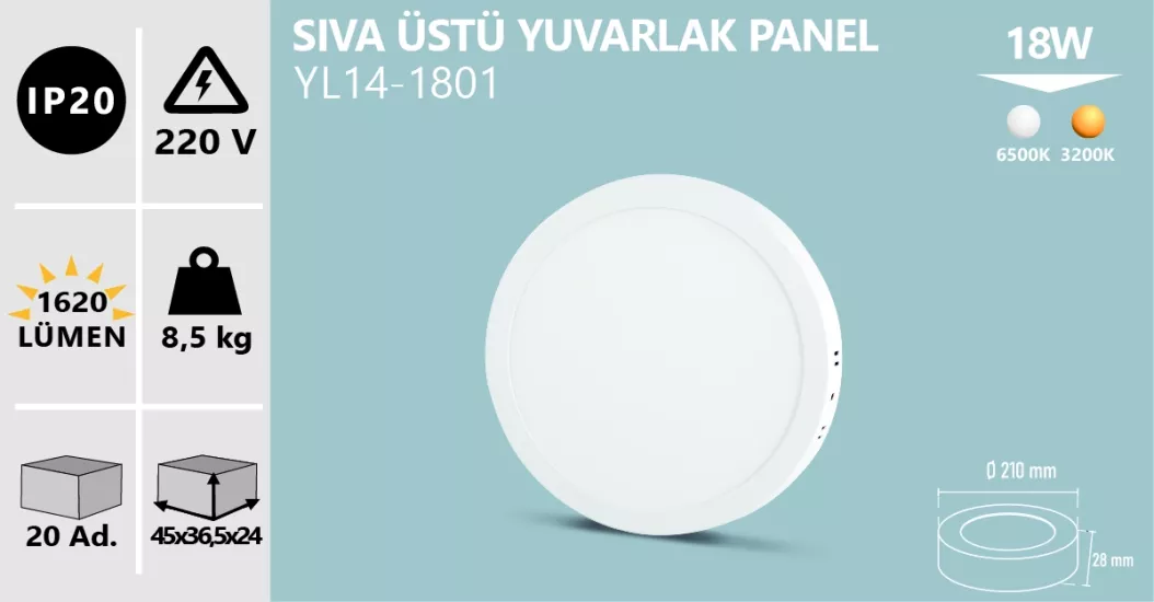 CATA CT-5233 18W SIVA ÜSTÜ YUVARLAK LED PANEL BEYAZ 6500K 