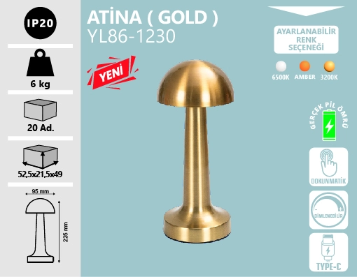 NOAS ATINA MASA LAMBASI ŞARJ EDİLEBİLİR GOLD-3 RENK